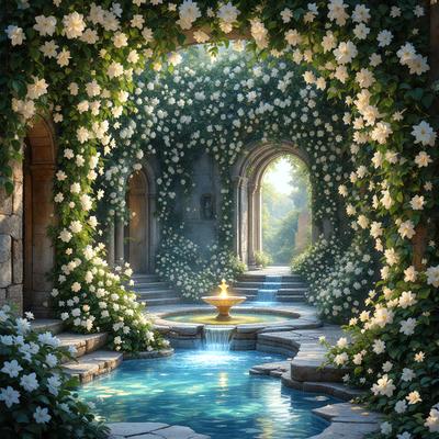 The primary subject of the image is a beautiful garden with a fountain, surrounded by a forest. The garden features a waterfall and a fountain, creating a serene and peaceful atmosphere. The setting is a lush, green environment, with a variety of flowers and plants, including white flowers. The visual style of the image is a digital art, which adds a sense of realism and depth to the scene. The colors and mood of the image are predominantly green and blue, with a touch of white,